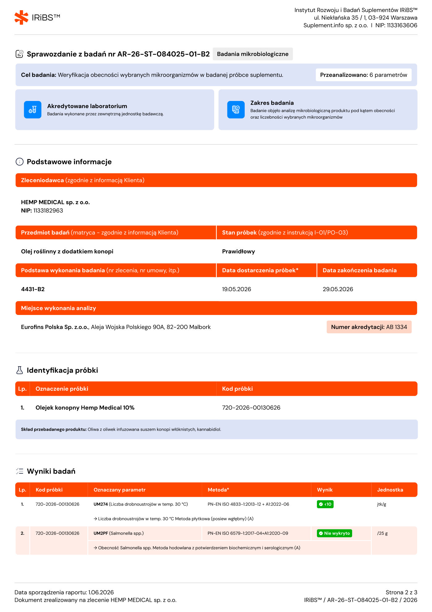 Badania mikrobiologiczne — olej 10% — strona 2