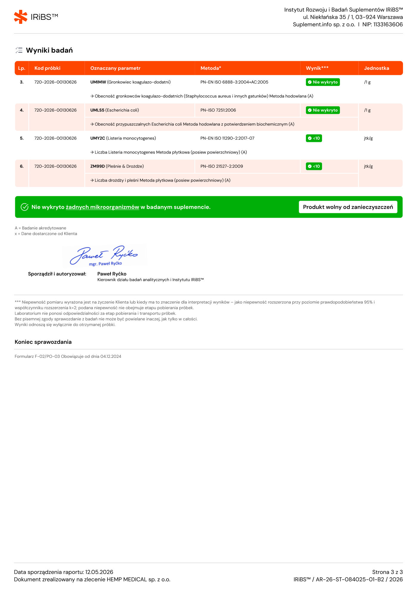 Badania mikrobiologiczne — olej 15% — strona 3